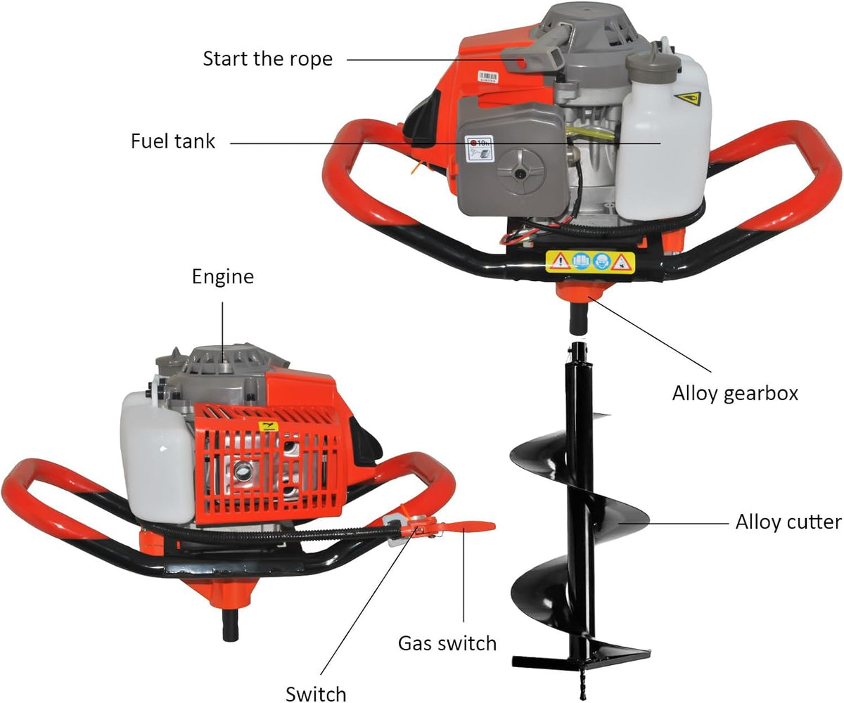 85cc 4HP Post Hole Digger Gas Powered, Gas Earth Auger/Ice Auger, with 3 Drill Bits 4"/8"/12" + 2 Extension Bar, One