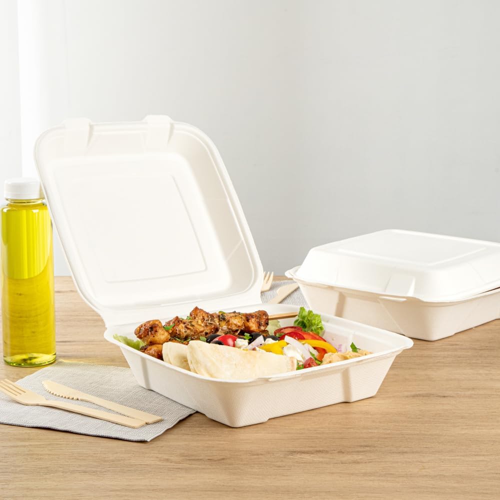 No PFAS Added 32 oz Bagasse Clamshell Containers, 100 Ct