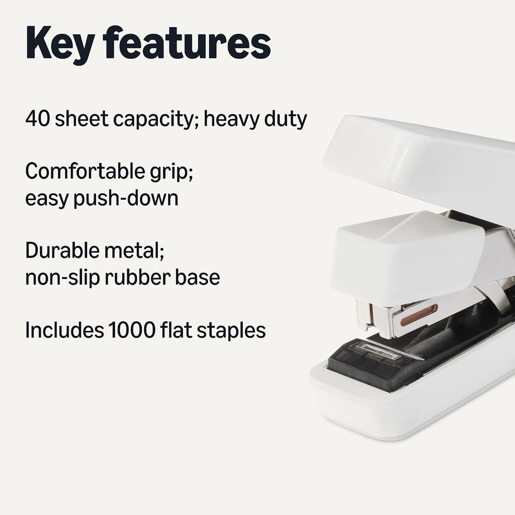 Office Heavy Duty Stapler, Flat Clinch, Effortless, 40 Sheet Capacity, 1000 Staples, No Jam