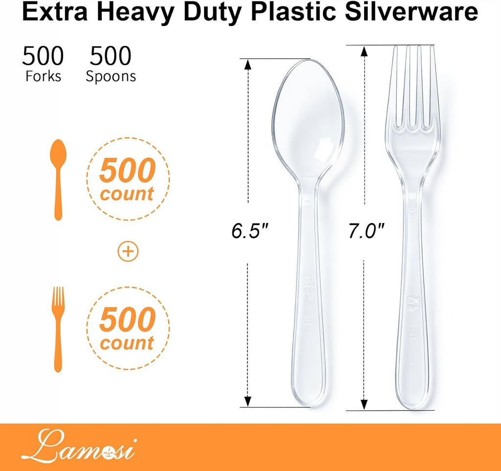 1000 Count Extra Heavy Duty Clear Plastic Forks and Spoons