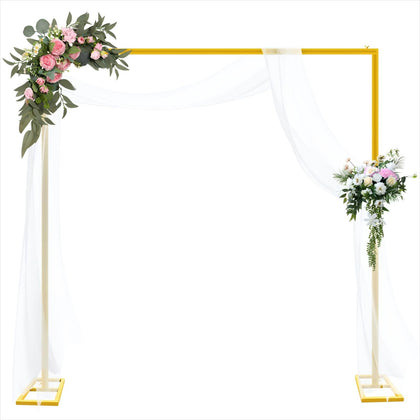 8FT Wedding Arch Backdrop Stand, Gold Square Back Drop Adjustable Stand Metal Arch Heavy Duty Backdrop Stand Kit
