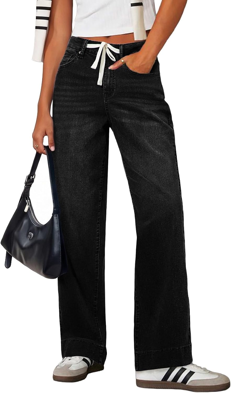 Women's High Waisted Straight Leg Jeans Drawstring Denim Pants