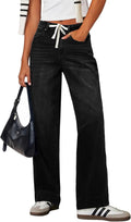 Women's High Waisted Straight Leg Jeans Drawstring Denim Pants