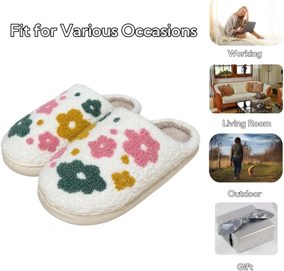 Retro Fuzzy Happy Face Slippers for Women Men, Cozy House Shoes