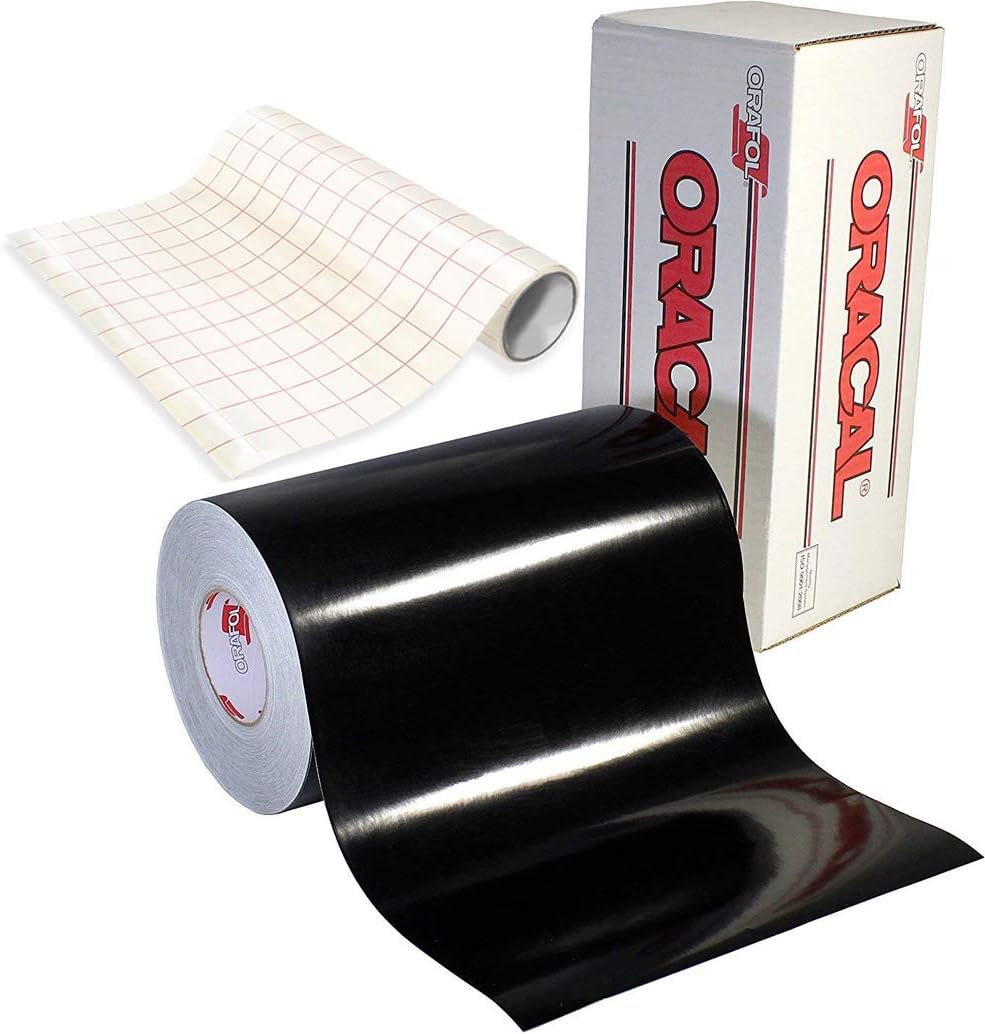 Gloss Black Adhesive Craft Vinyl for Cameo, Cricut & Silhouette Including Free Roll of Clear Transfer Paper (6ft x 12")