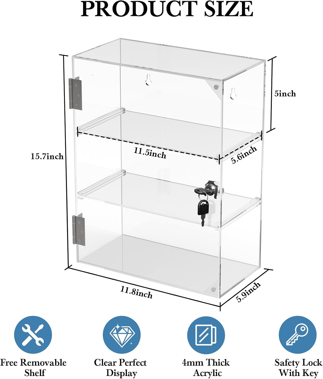 3 Tier Acrylic Display Case, Clear Countertop Cabinet with Lock | Removable Shelves, 4mm Hard Acrylic, No Assembly