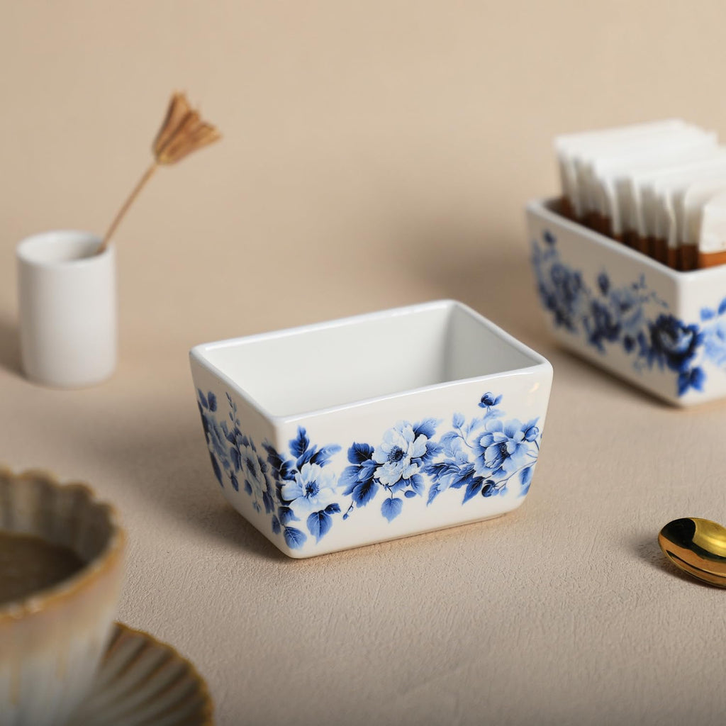 2 Pcs Blue and White Porcelain Sugar Packet Holder Tea Bag Bowl, 5 Oz