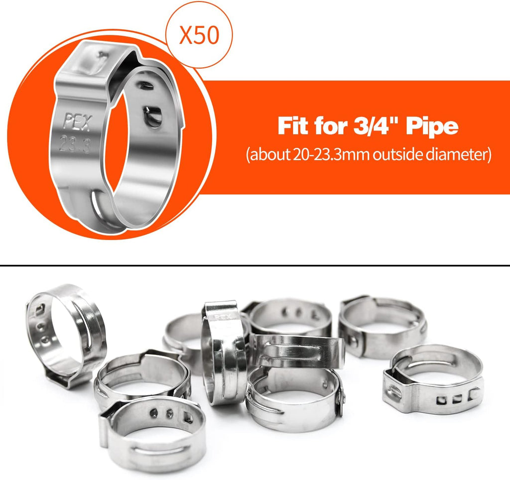 50 Pack 3/4" PEX Cinch Clamps, Stainless Steel Single Ear Hose Clamps