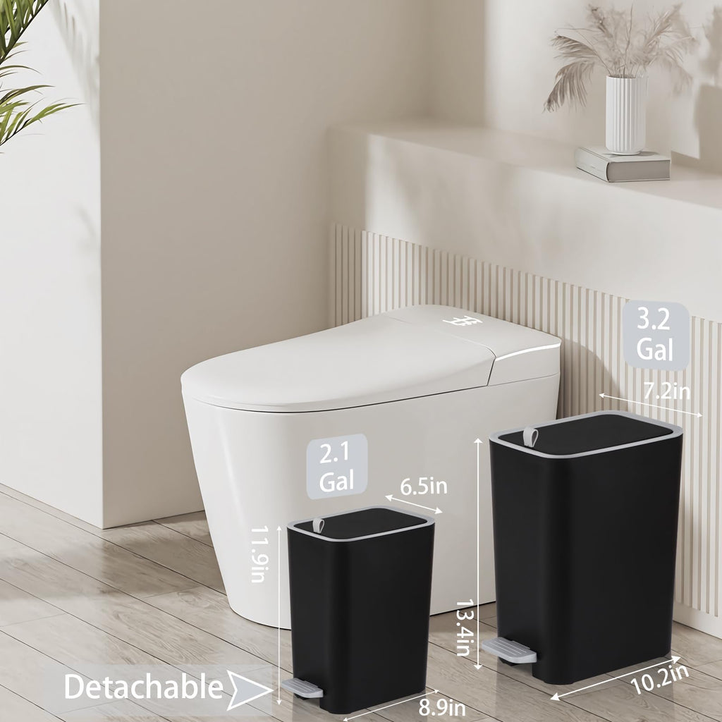 Small Bathroom Trash Can with Lid, 3.2 Gallon Slim Step Trash Can, Black