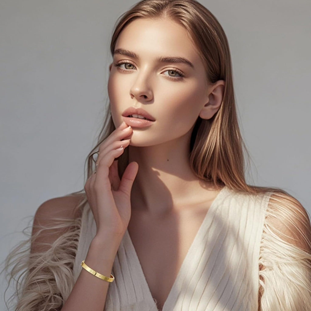 18K Gold-Plated Love Bangle Bracelets for Women, Silver Cross Bangle Bracelets, Waterproof Stainless Steel Friendship