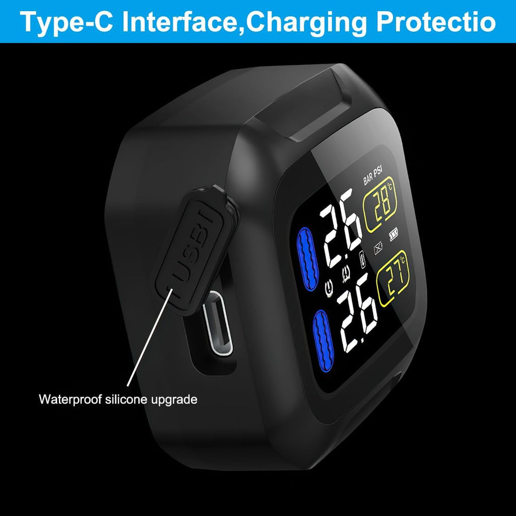 Motorcycle TPMS with 2 External Sensors, USB Rechargeable，LCD Display | Wireless TPMS for Two-Wheeled Motorcycles