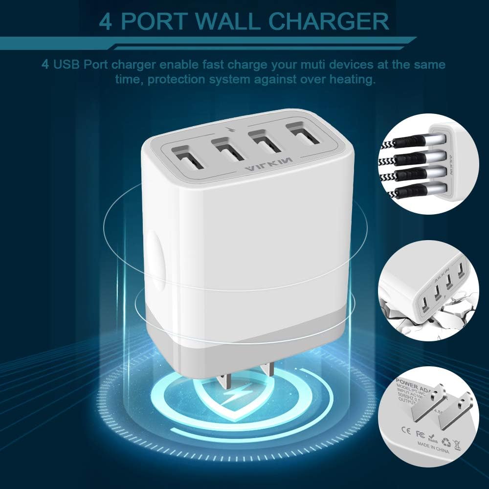 USB Charger Cube, Wall Charger Plug, AILKIN 4.8A 4-Muti Port USB Adapter Power Plug Charging Station Box Base