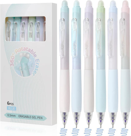 Erasable Pens, 6 Pack Fine Point 0.5mm Blue Erasable Gel Pens | 360°Rotating Erasers, Make Mistakes Disappear