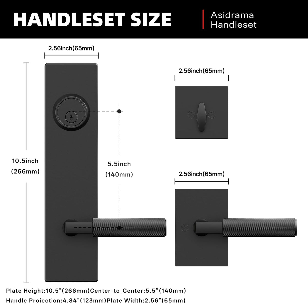 2 Pack Matte Black Solid Heavy-Duty Knurled Front Door Handle Set with Deadbolt, Architectural Grade Modern Entry