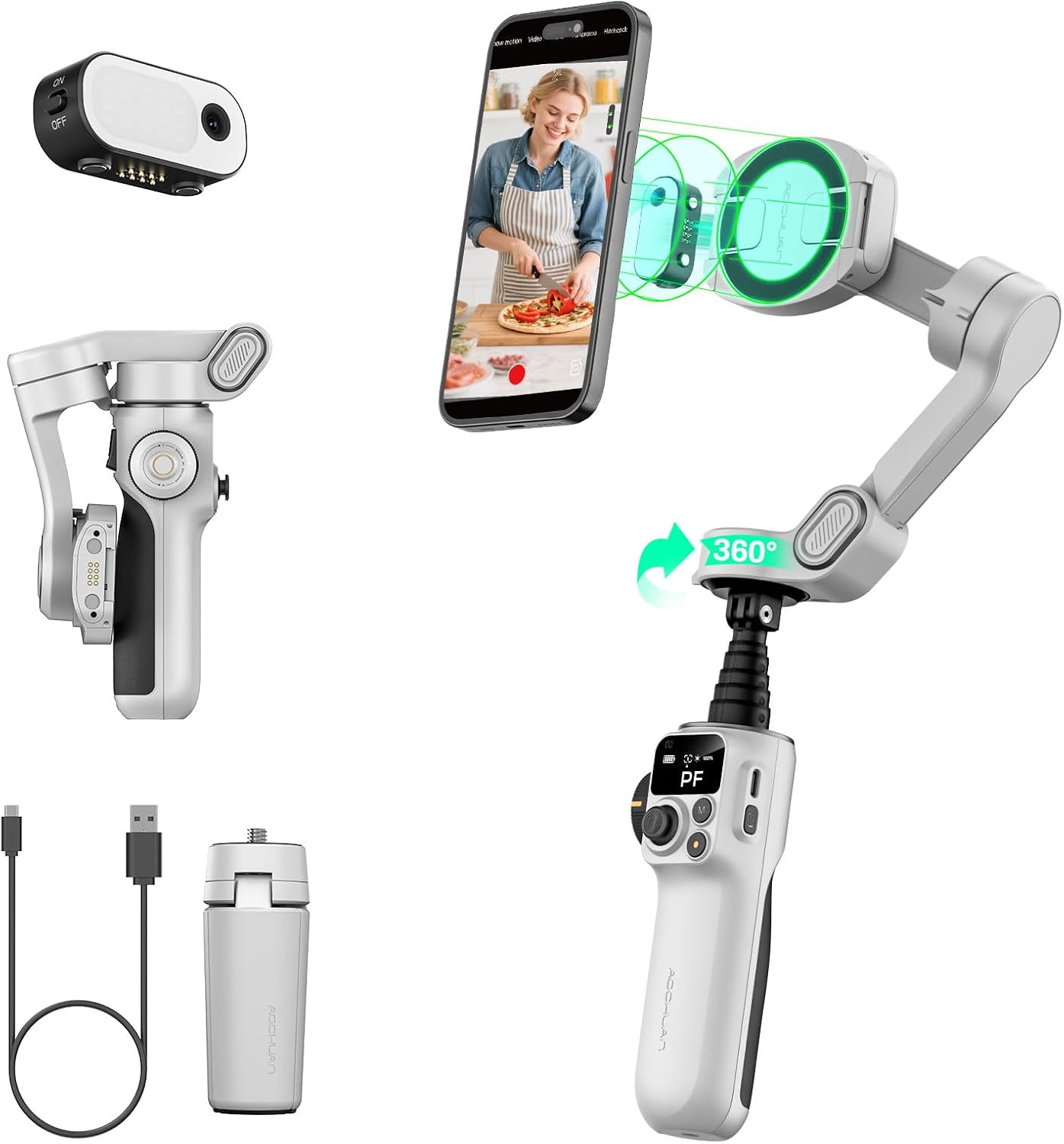 Smart P2 Magnetic Gimbal Stabilizer for iPhone w/ 2-in-1 Fill Light & AI Tracking Sensor, Face Tracking No App