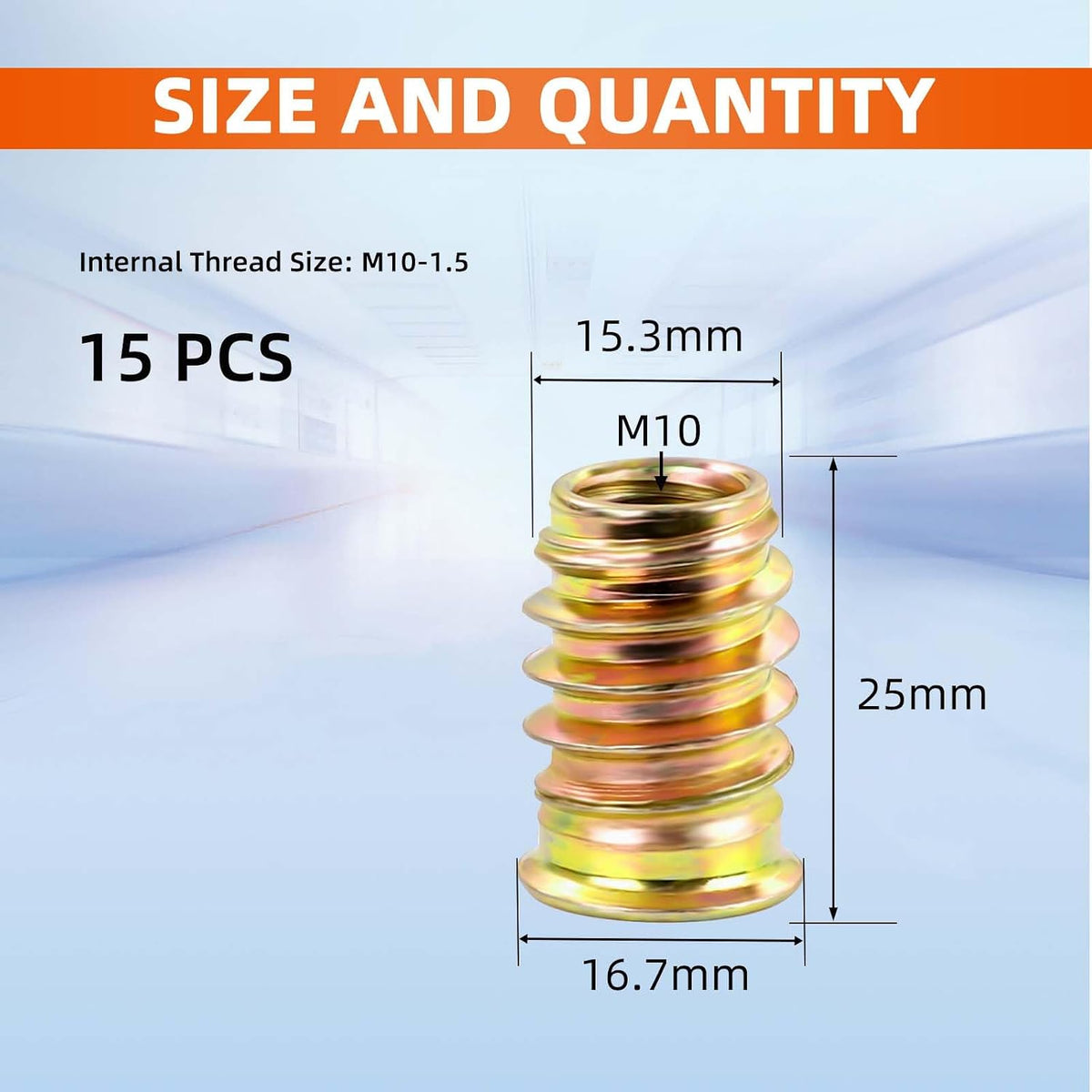 M10 x 25mm Threaded Inserts for Wood, Nut Inserts, Hex Drive, 15 PCS