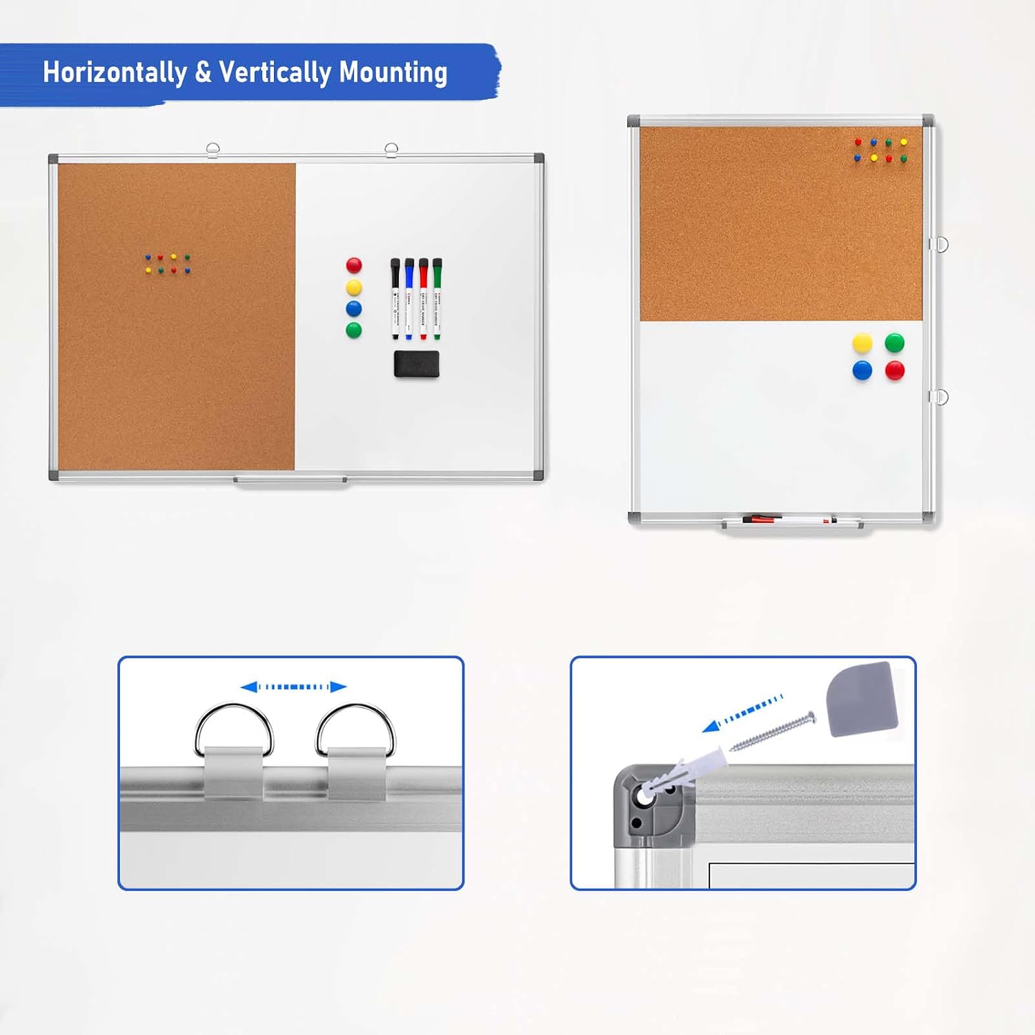 Cork Board Magnetic Dry Erase Board Combo, 24 x 18 Inches Whiteboard and Bulletin Board Combination, Aluminum Frame