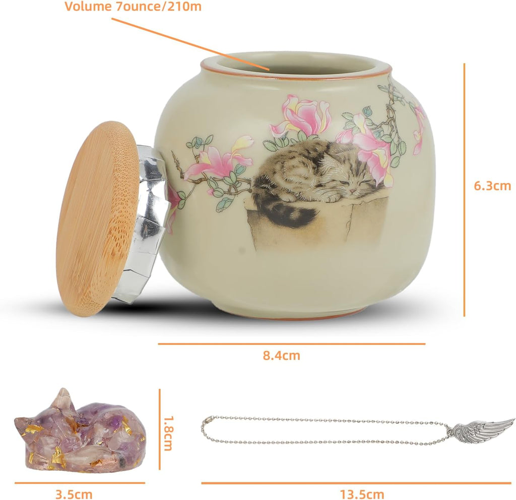 Cat Urn for Ashes Ceramic, Small Pet Urn with Crystal Cat Sculpture Trim