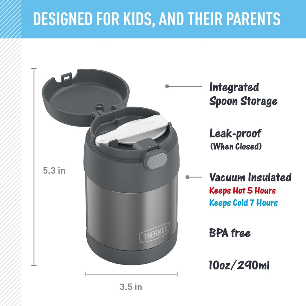 FUNTAINER Kids Food Jar with Spoon, 10oz, Gray | Kid-Friendly Stainless Steel Insulated Food Container, Keeps Food