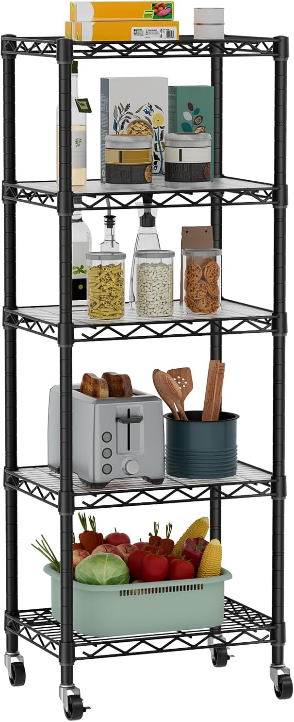 Small 5 Tier Shelves Storage Wire Shelving Unit Metal Shelf Adjustable Organizers Storage Shelving with Wheels for