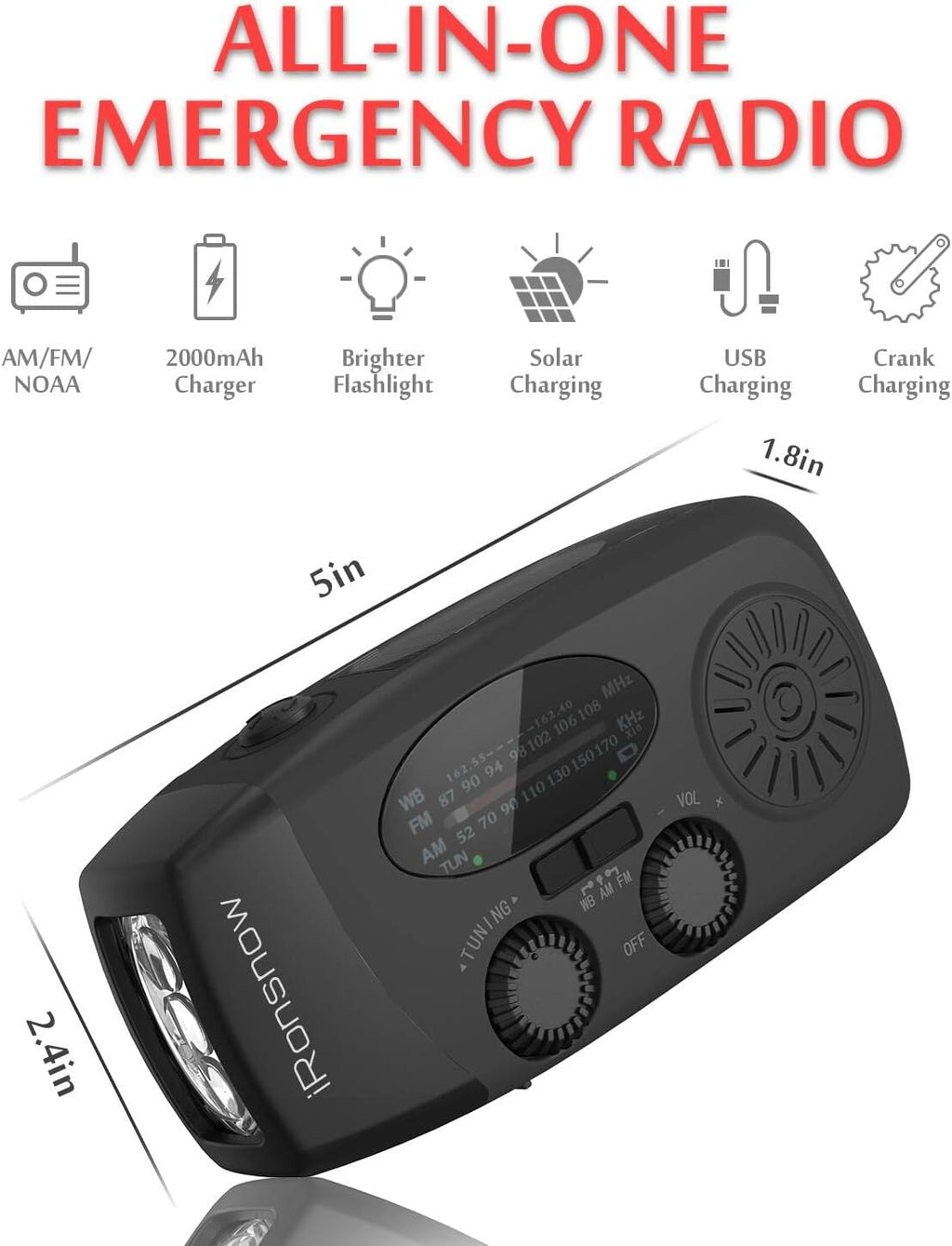 Solar Emergency Hand Crank Weather Radio, 2000mAh NOAA AM/FM | Portable Self Powered Radios with SOS Alarm LED