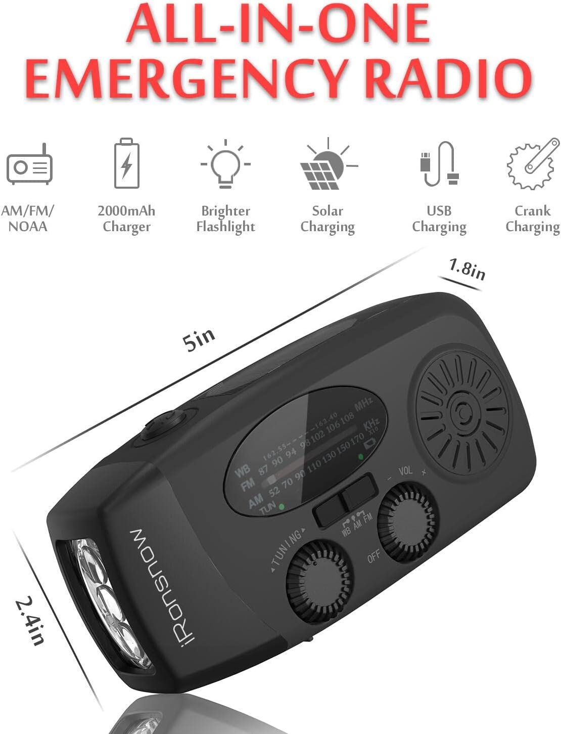 Solar Emergency Hand Crank Weather Radio, 2000mAh NOAA AM/FM | Portable Self Powered Radios with SOS Alarm LED