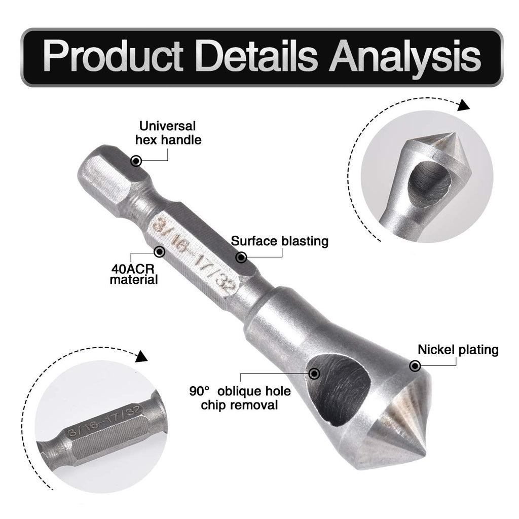 Countersink Deburring Tool Set Drill Bits 1/4 Hex Shank Chamfer Wood Countersink Deburring Drill Bit Tool 5/64 1/8 3/16 (Set of 3)