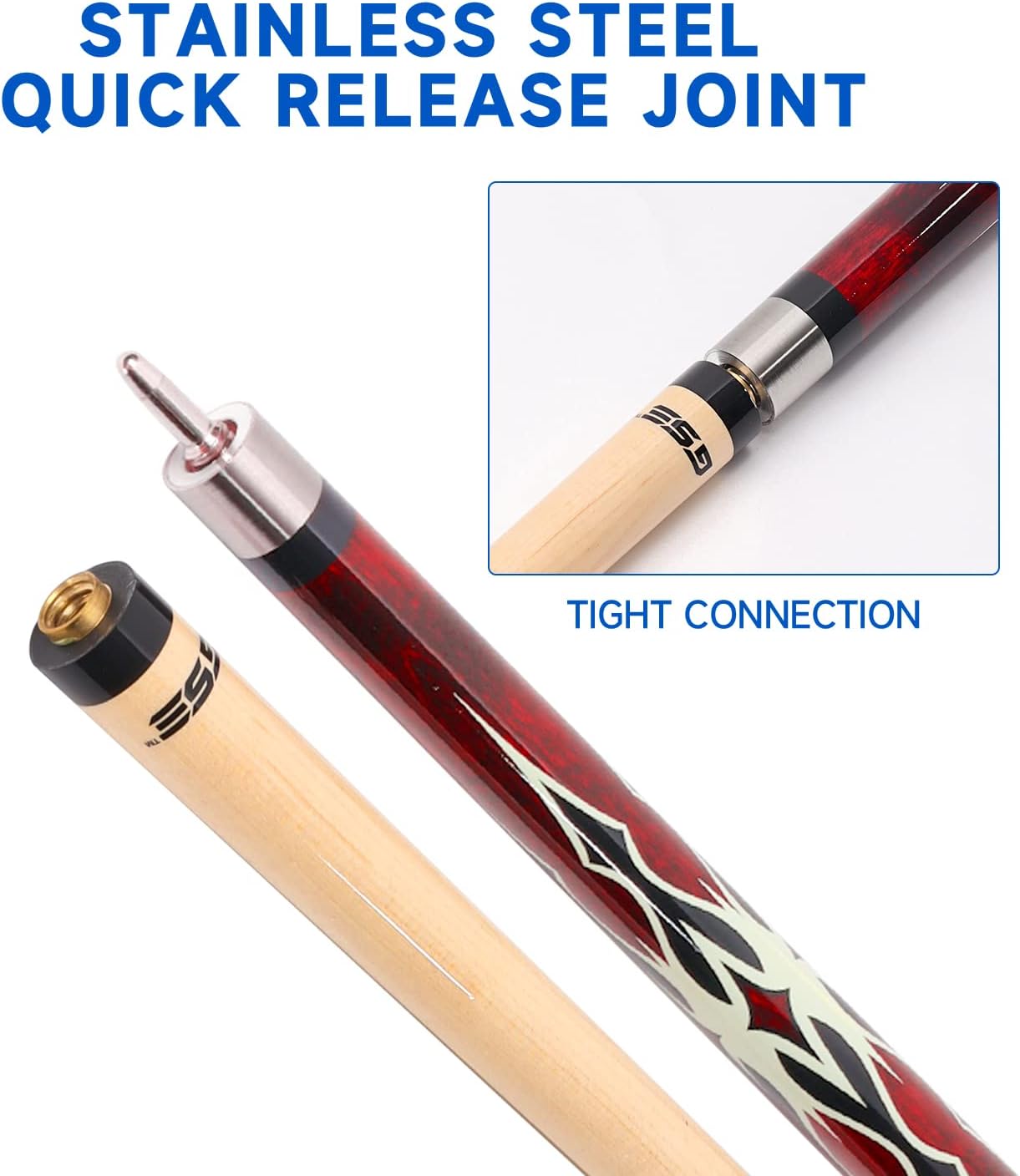 GSE 58" 2-Piece Canadian Maple Hardwood Billiard Cue Sticks, 18/19/20/21oz | Several Colors, 12mm Leather Tip, Quick
