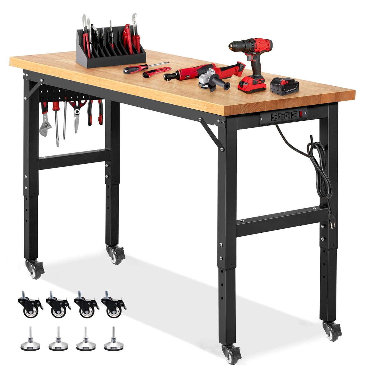 60-Inch Workbench on Wheels with Power Outlet & Pegboard