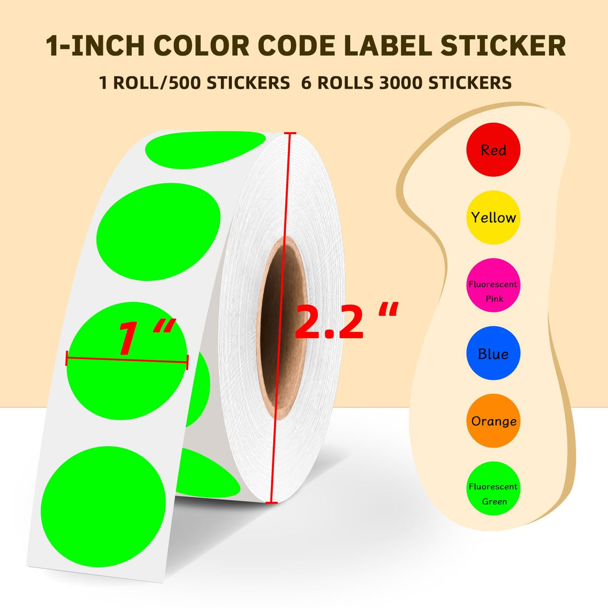 Round Sticker Dots 1 inch 6 Rolls 3000Pcs Permanent Color-Code Circle Label