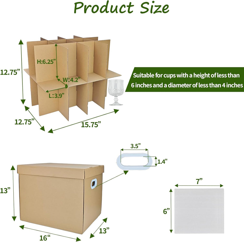 3 Sets Moving Boxes with Two-layer Divider Kits, 16 x 13 x 13 Inch Box with Lid for Glassware Wine Packing Kitchen