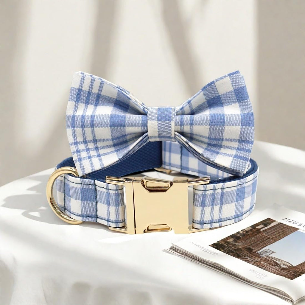 PETDURO Personalized Dog Collar Navy Blue Plaid for Large Medium Dogs