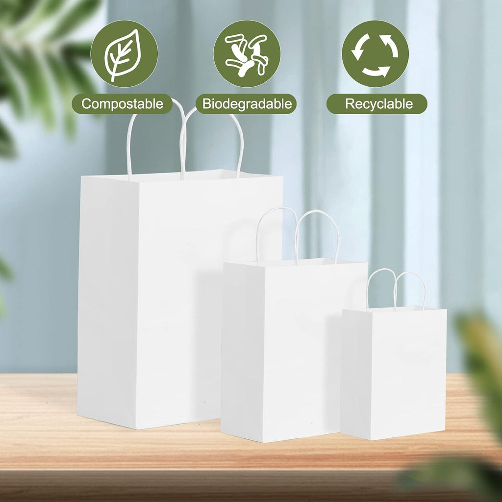 100pcs White Kraft Paper Bags with Handles Mixed Size Gift Bags Bulk,Craft Grocery Shopping Retail Birthday Party