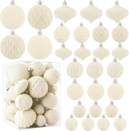 28PCS Velvet Christmas Balls Ornaments, Flocked Shatterproof | Beige Cream Xmas Tree Hanging Decoration Plastic Ball