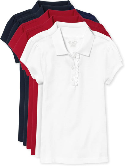 Girls' Short Sleeve Ruffle Pique Polo, 6 Pack