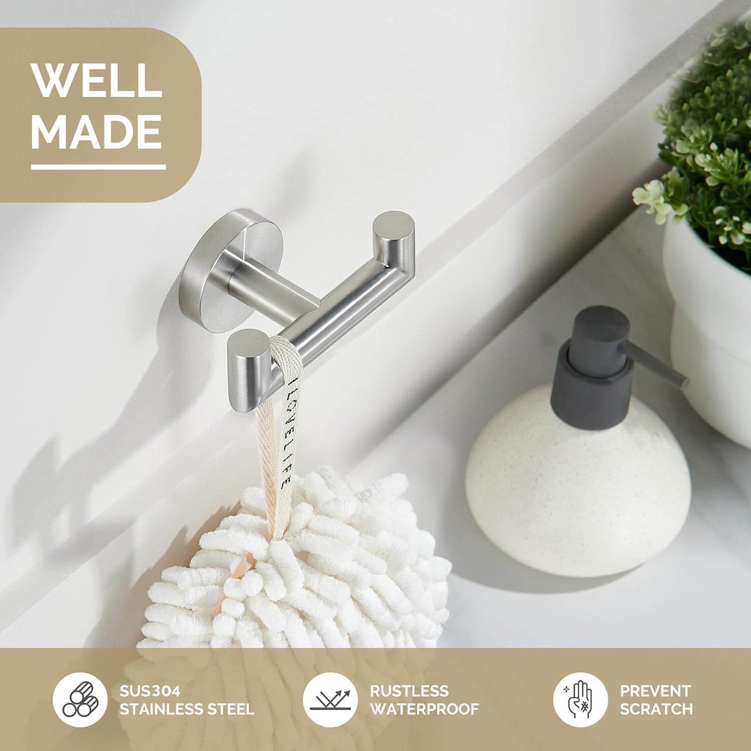 Towel Hook for Bathroom Wall, Hand Towel Holder Brushed Nickel | SUS304 Stainless Steel, Double Robe Coat Holder
