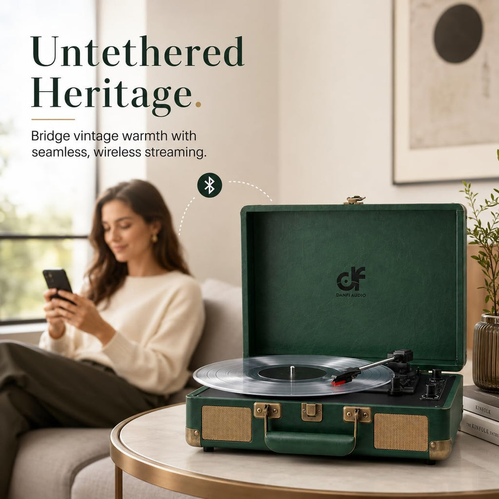 Record Player with Bluetooth Input & USB Recording, Built in Stereo Speakers, Portable Suitcase Vinyl Player 3-Speed