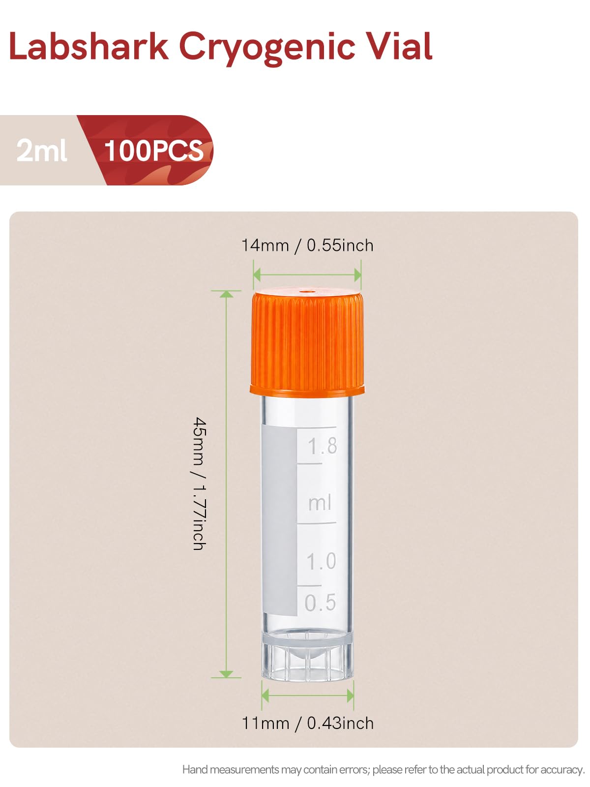 100PCS 2ml Plastic Cryovial Cryogenic Vial Tube, Orange Cap