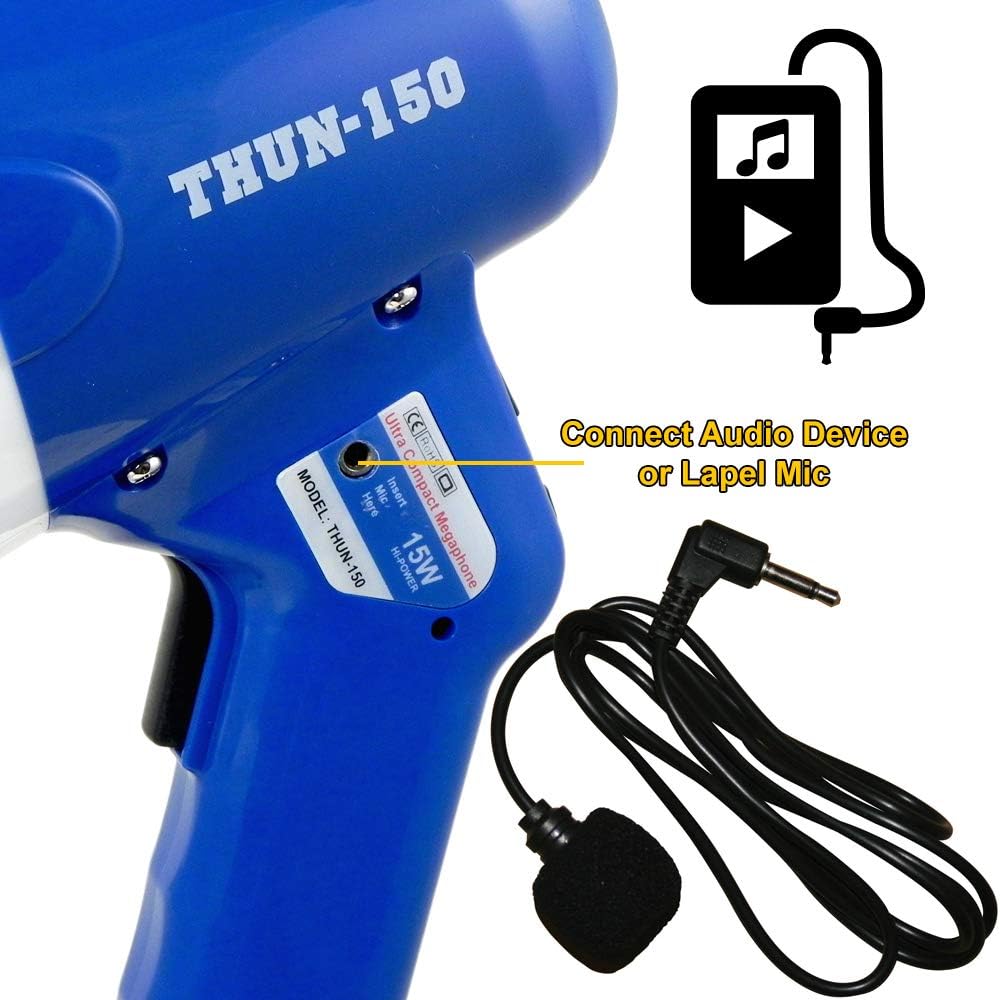 THUN150 Extra-Loud Megaphone Speaker – 600-Yard Range Bullhorn Megaphone with Siren & Voice Modes – 15W Loud Speaker