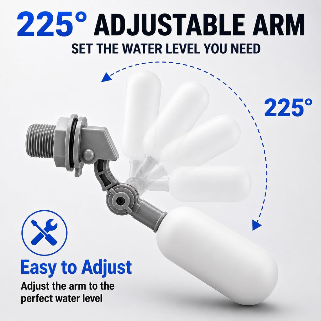 2 Pack 1/2 Inch Straight Thread Auto Fill Float Valve, Automatic Water Level Control Valve with 225° Adjustable Arm for Water Tank, Pond, Chicken Waterer, Livestock Trough