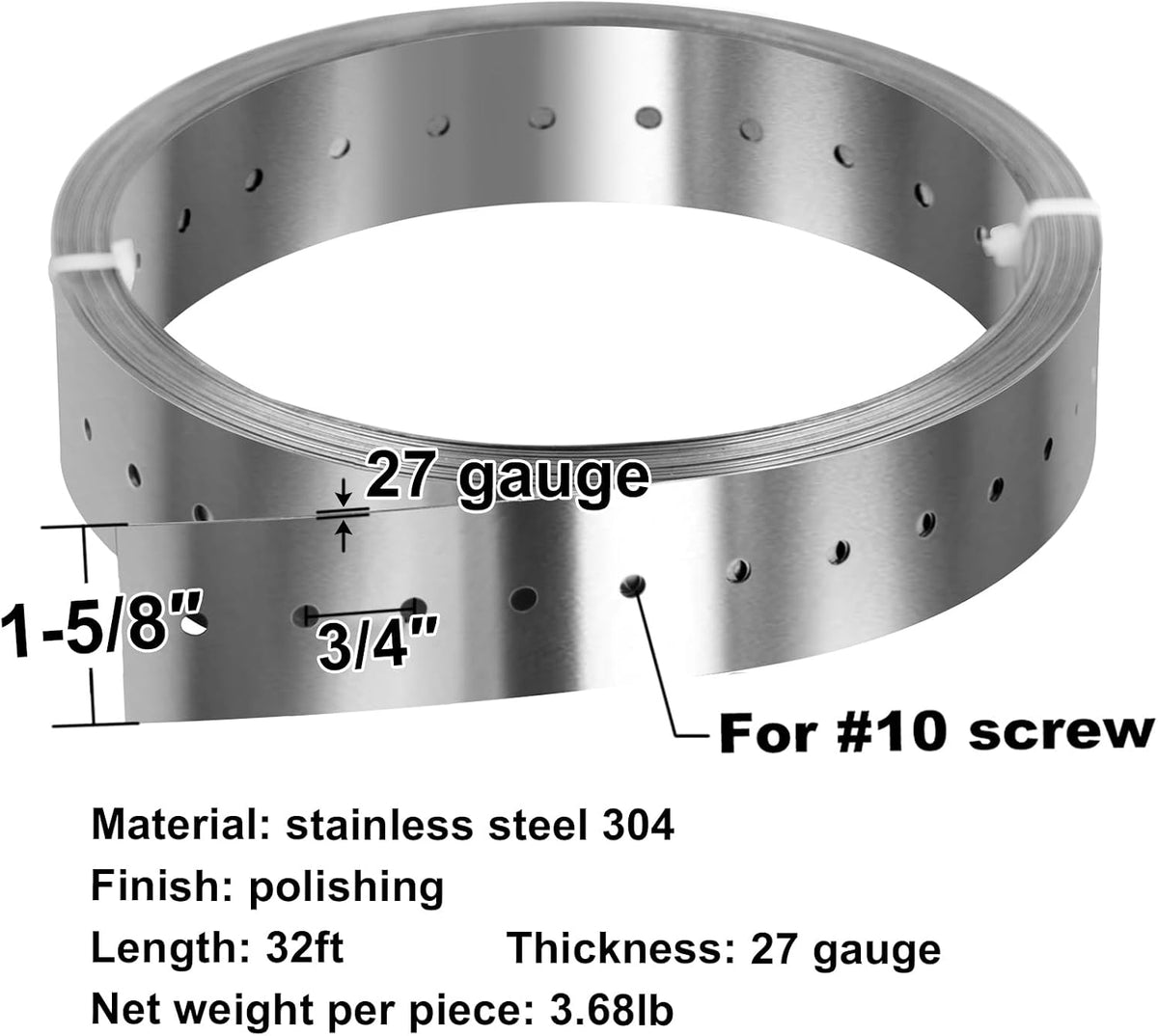 32ft Stainless Steel Strapping,1-5/8" Width Perforated Metal Strap