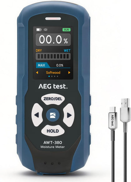 AWT-380 Rechargeable Pinless Moisture Meter for Wood, Drywall & Masonry, Wood Moisture Meter with Color Display