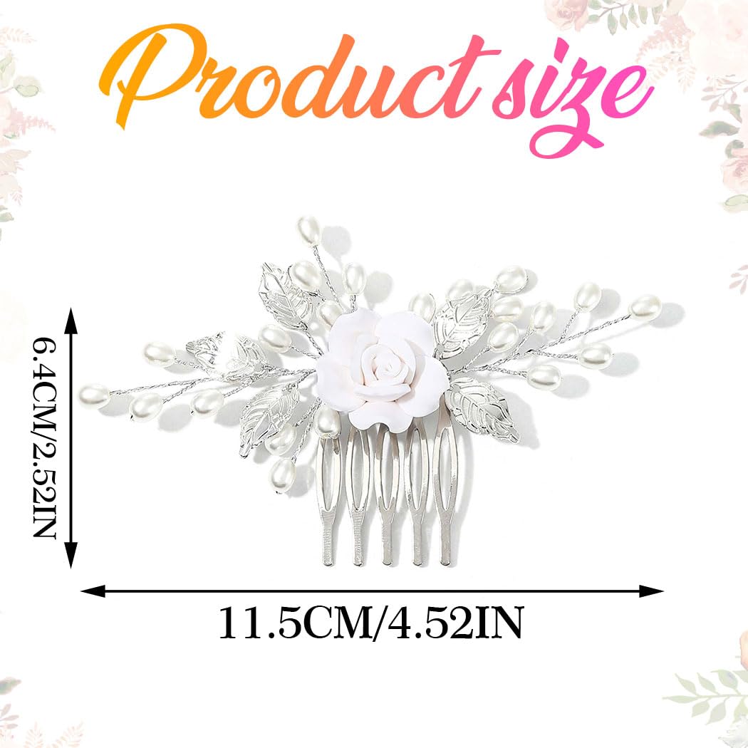 Flower Bride Wedding Hair Comb Pearl Bridal Hair Pieces Leaf Hair Accessories for Women and Girls (a-silver)