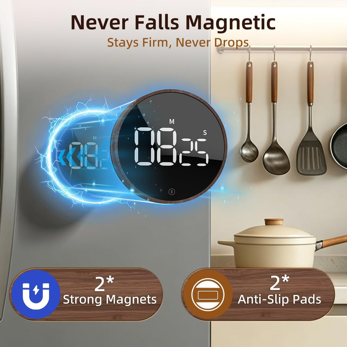 Digital Magnetic Kitchen Timer & Stopwatch with LED Display, Woodgrain