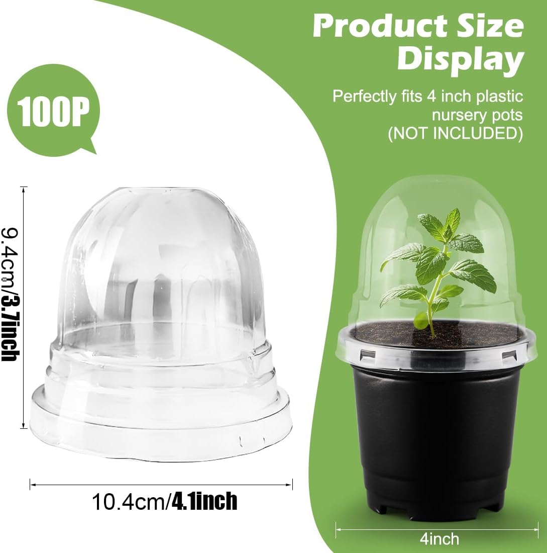 Humidity Domes for 4 Inch Pots, 100 Pack Transparent Plant Dome Covers with Ventilation, Clear Nursery Pot Domes for