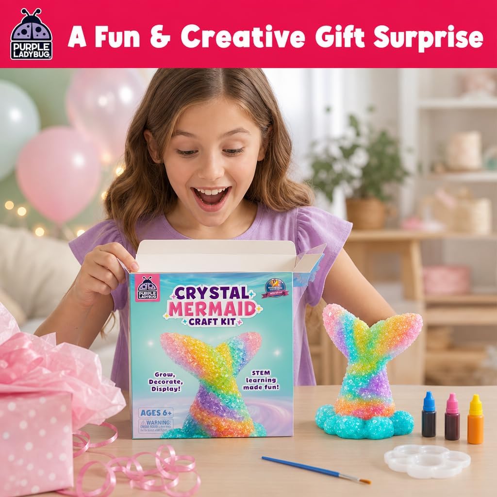 Crystal Growing Kit for Kids Ages 6-8, Mermaid STEM Science Craft Toy | Grow and Paint Mermaid Tail, Science