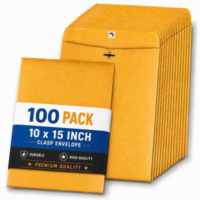 Clasp Envelopes 10x15, Brown Manilla Envelopes with Clasp, Gummed Flaps, 10" x 15" Clasp Envelopes, (100)