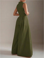Women's Summer Zipper Front Mock Neck Wide Leg Elegant Jumpsuit