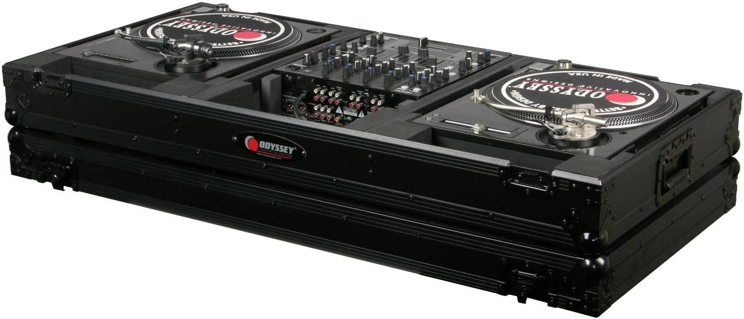 Black 12" Format DJ Mixer and Two Battle Position Turntables Flight Coffin Case
