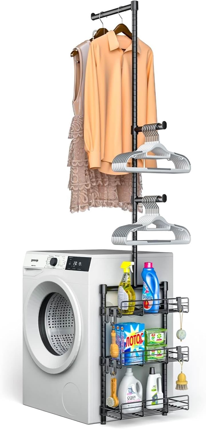Laundry Room Shelves - Over the Washer and Dryer Storage Shelf, Laundry Hanging Rod with Basket and Hanger Organizer